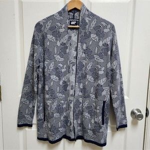 Lands End Cardigan Sweater Womens M Cotton Blue White Striped Leaf Open Pockets